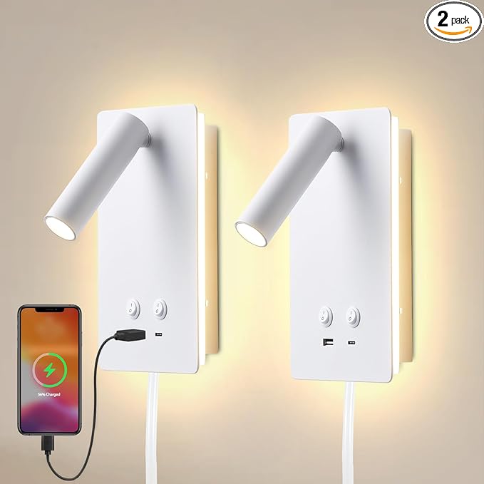 MOLUOLA LED Wall Lamp Wall Mounted Reading Lights Set of 2, Adjustable Headboard Plug in Wall Sconce with USB C+A Ports, Headboard Bedside Lamp with 9W+3W Night Light 3000K (White)