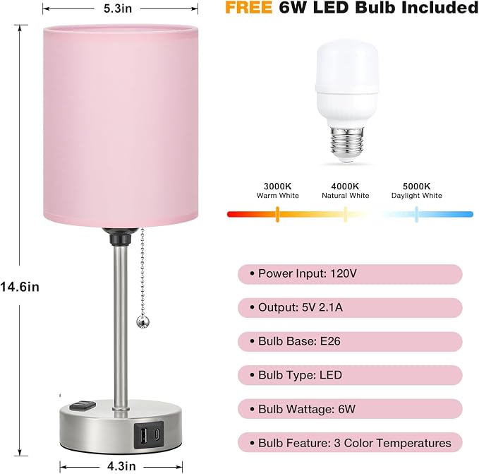 Small Bedside Table Lamp for Bedroom - Desk Lamp with USB Ports for Dorm | USB A+C Ports, AC Outlet, 3-Color Temps, LED Bulb Included, Soft Pink Fabric Shade, Sleek Silver Base, 14" Night Stand Lamp
