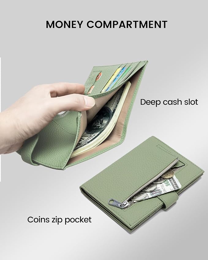 Karmiir RFID Slim Passport Holder for Women, Compact Leather Passport Wallet with Card Holders SIM Slots,Zippered Coins Pocket and Cash Compartment Travel Passport Cover Case, Light Green