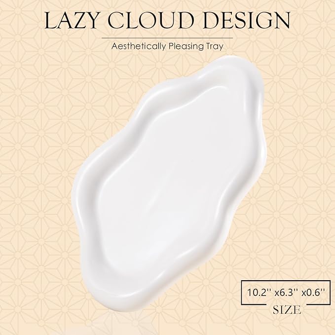 CCINPPY Ceramic Jewelry Tray Trinket Dish, Decorative Cloud Vanity Key Tray for Women, Ring Holder Dish, Cute Jewelry Plate Bowl Room Decor Aesthetic, White, Large