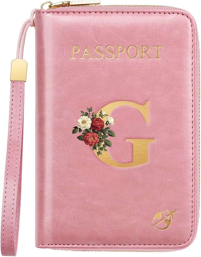 Passport Holder for Travel Personalized Wallet with Wristlet Women | All-in-One Passport Cover, RFID Blocking, Back Coin Pocket, Paper Money Slot, Zipper Closure, Roses Initial Letter, Pink G
