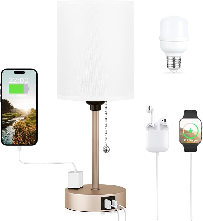 Small Bedside Table Lamp for Bedroom, Desk Lamp with USB Ports for Dorm | USB A+C Ports, AC Outlet, 3 Color Temp, LED Bulb Included, White Fabric Shade, Light-Gold Brass Base, 14" Night Stand Lamp