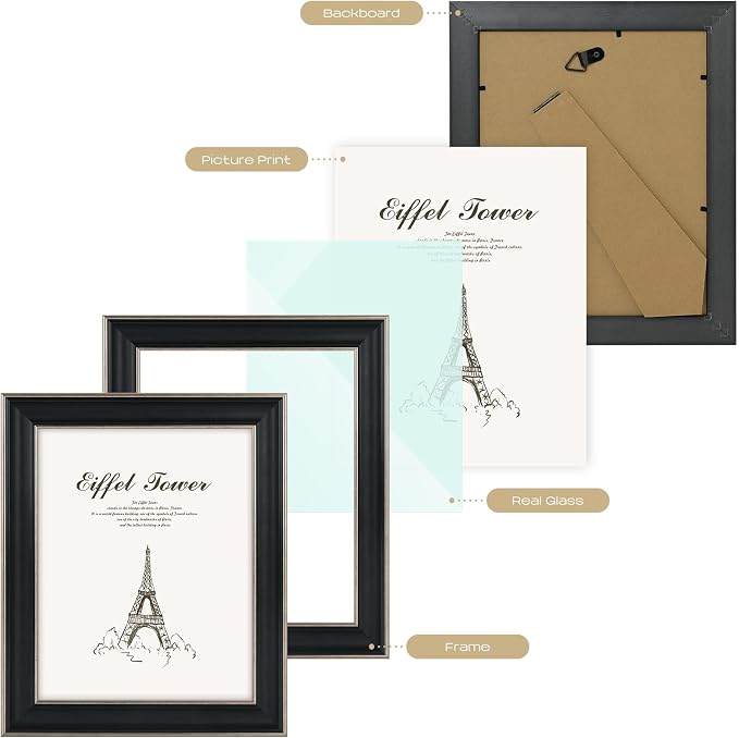 Golden State Art, 8x10 Antique Black with Silver Trim Color Frame - Easel Stand, Sawtooth Hanger - Landscape, Portrait Display - Great for Postcards, Photographs