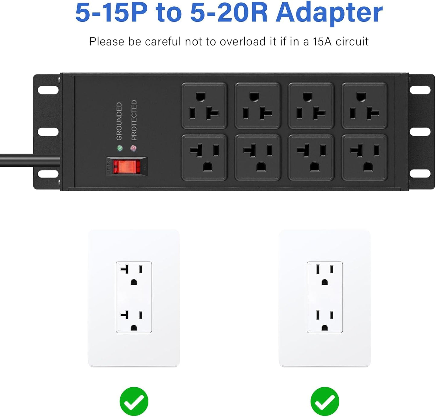 CCCEI Black Heavy Duty Power Strip Surge Protector 20 AMP, 8 Outlets 12 Gauge Industrial Shop Garage Metal Multiple Outlets, 4 FT Extension Cord 5-15P Adapter High Amp 6-20R T-Slot 20a for Appliance