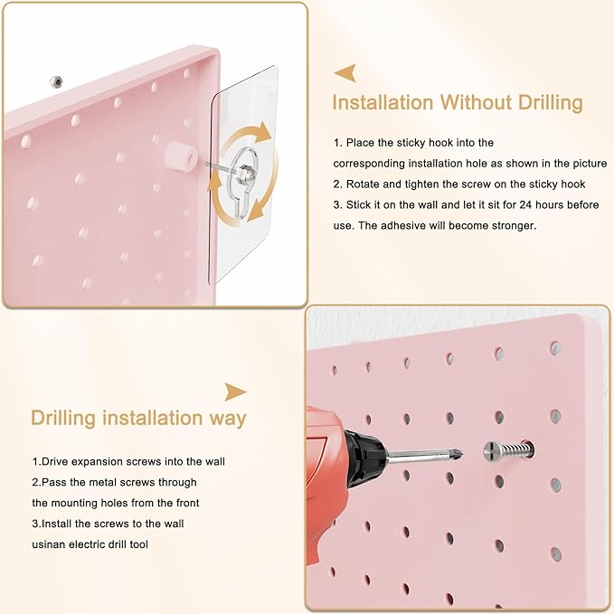 FZK Pink Modular Plastic Pegboard Wall Organizer Kit, 12x12, 4 Panels | ABS material, wall mount storage kit, includes hooks and shelves, drill free or screw installation, for home decor& bedroom