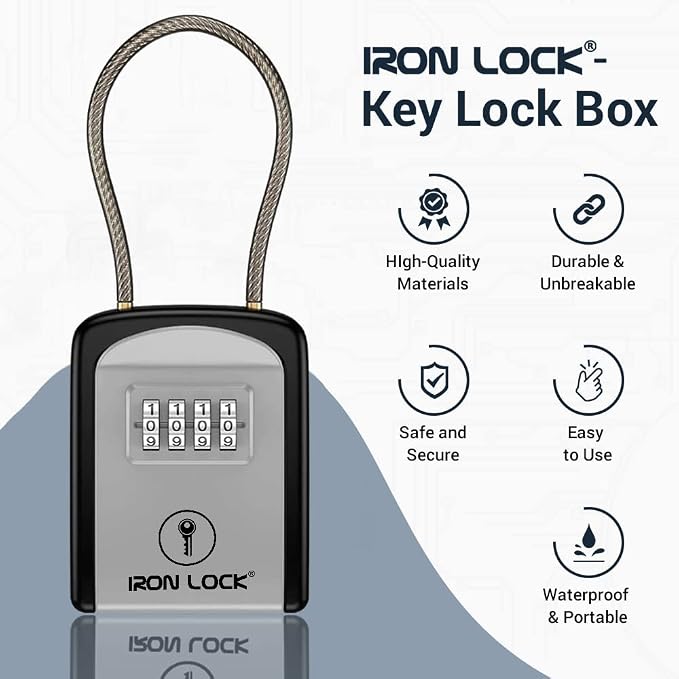 Iron Lock® Key Lock Box with Code, Portable Cable Shackle (Small, Grey) | Holds 2-3 house keys or an access card; 11-in steel cable loops on gate or rail; weather-resistant; no app or battery