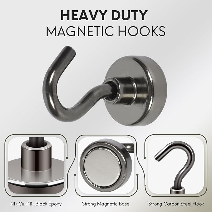Neosmuk Magnetic Hooks, Heavy Duty 30lb+ Strong Magnet Hook for Cruise Cabins, Cruise Essentials 2026 for Hanging, Metal Wall Refrigerator Hangers (Gunmetal, 12 Pack)
