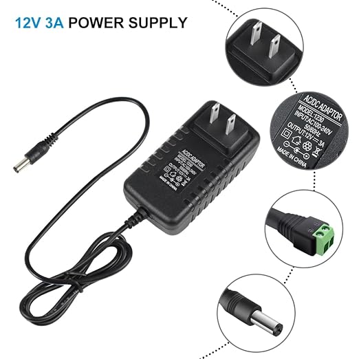 12V Power Supply, 12 Volt 3A 36W DC Power Supply, Black LED Power Adapter, AC 110V to 12V Wall Mounted Transformer Plug for LED Strip Lights with 5.5/2.1 DC Female Connector