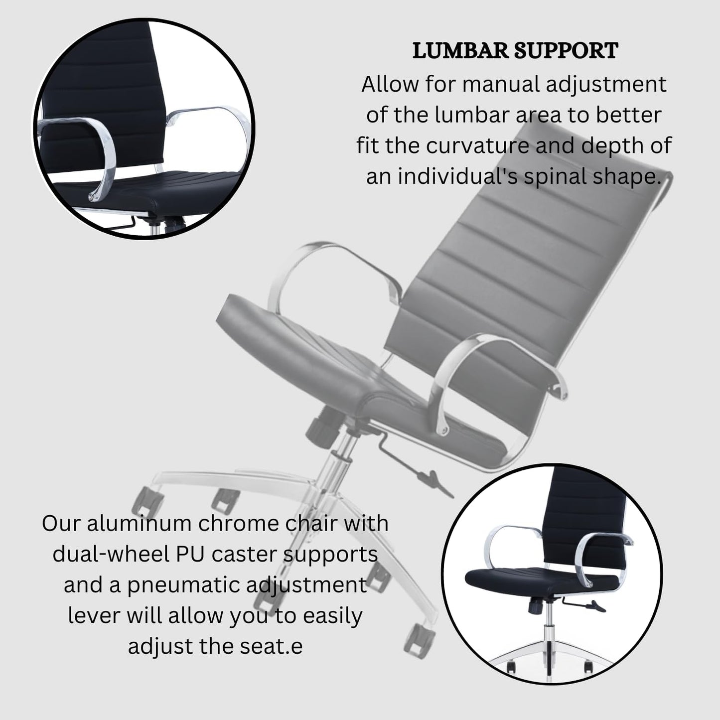 Ribbed High Back Conference Room Chairs- Lumbar Support, Modern Style Executive Chair for Home and Office - 360 Swivel Rolling Wheels - Aluminum Chrome Frame & Base - Black (Pack of 4)
