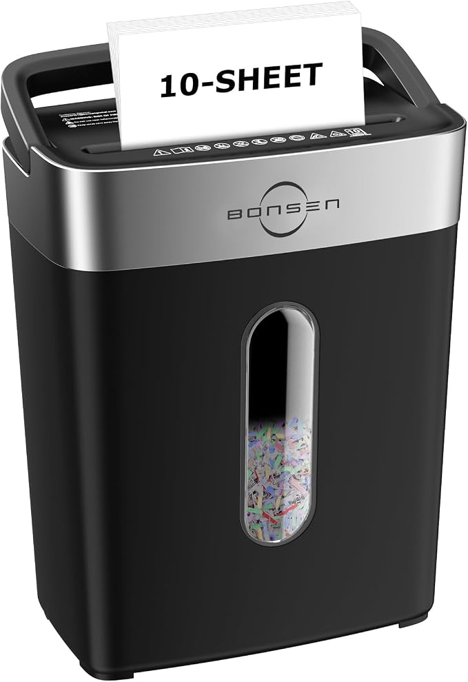 Bonsen 10-Sheet Cross Cut Paper Shredder for Home Office Heavy Duty | P-4, Portable Handle, 4 Gallons Bin, Paper and Credit Card Shredder, Black (S3201 New Version)