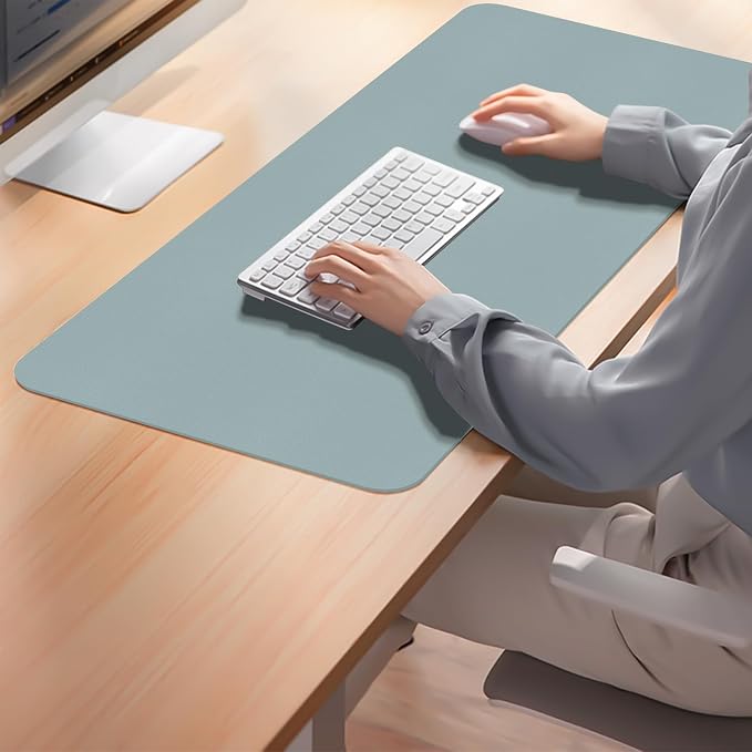 Leather Desk Pad Mat, Mist Blue Desk Mat, 31.5" x 15.7" | Non-slip and Waterproof Computer Mat, Large Desk Protector for Office/Home, Desk Accessories