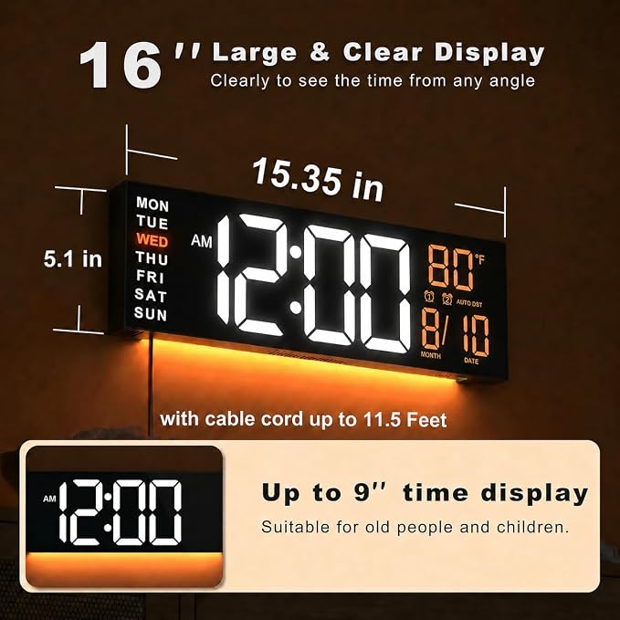 JALL 16" Large Digital Wall Clock with Remote, Big LED for Seniors, Auto Dimming, 8 RGB Colors, Night Light, Count Down Timer, Alarm, DST, Temperature for Living Room, Back to School Classroom