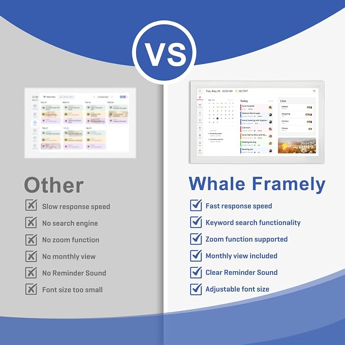 Whale Framely Digital Wall Calendar 21.5 Inch Large, Smart Family Schedule & Chore Chart, IPS FHD Touchscreen Wall Planner with Auto-Rotate, Wall Organizer, Gift for Women/Men，Father/Grandpa