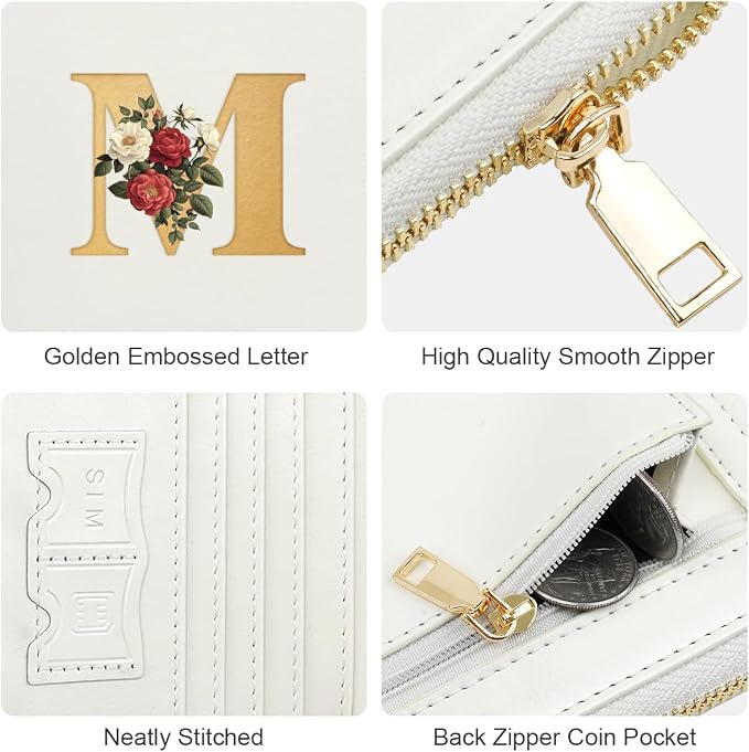 Passport Holder for Travel Personalized Wallet with Wristlet Women | All-in-One Passport Cover, RFID Blocking, Back Coin Pocket, Paper Money Slot, Zipper Closure, Roses Initial Letter, White M