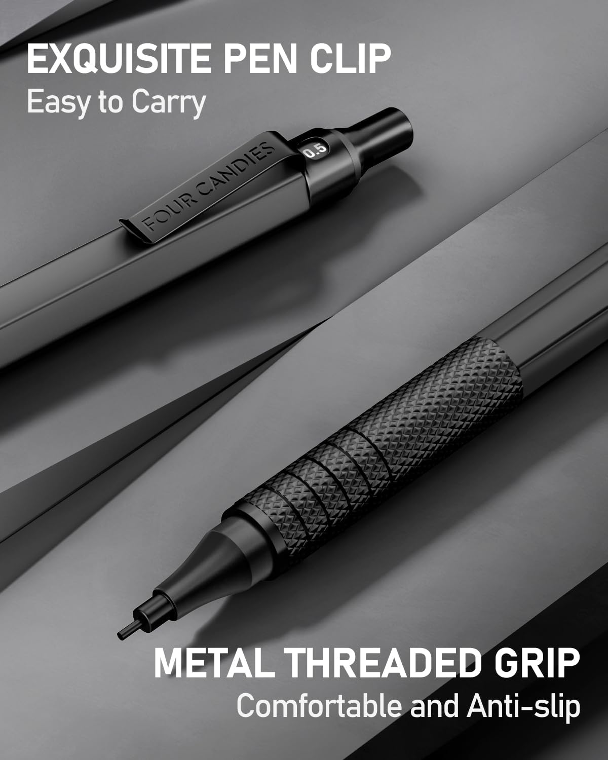 Four Candies 2PCS Metal Mechanical Pencils Set with Case, 0.5mm & 0.7 mm Artist Pencil with 6 Tubes (360PCS) HB Lead Refills, 3 Erasers,9 Eraser Refills For Writing Drafting, Drawing, Black&Silver