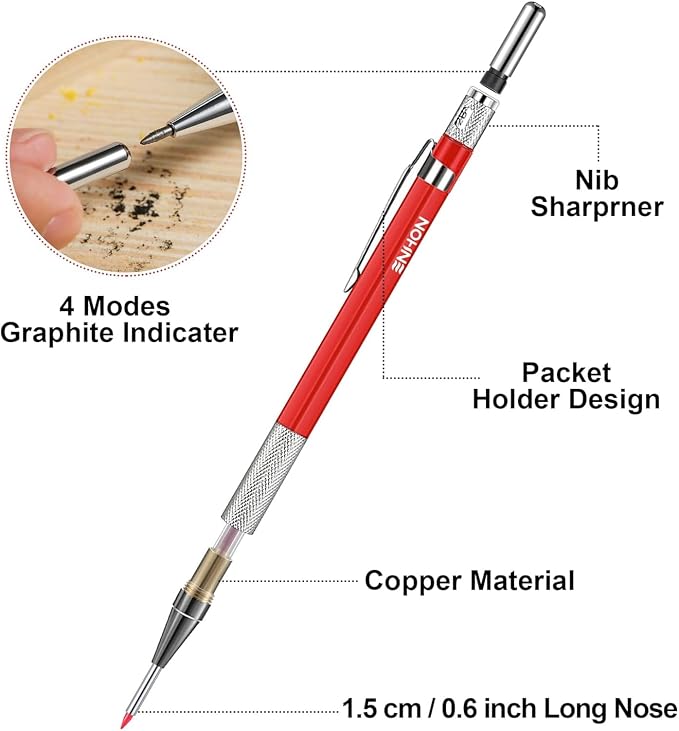 Enhon 3 Pcs 2mm Mechanical Carpenter Pencils Set with 36 Marker Refills | Extended Needle Nose Tip, 3 Color Marking Refills, Built-In Sharpener Design and Pocket Clip, Multi-Surface Woodworking Tool