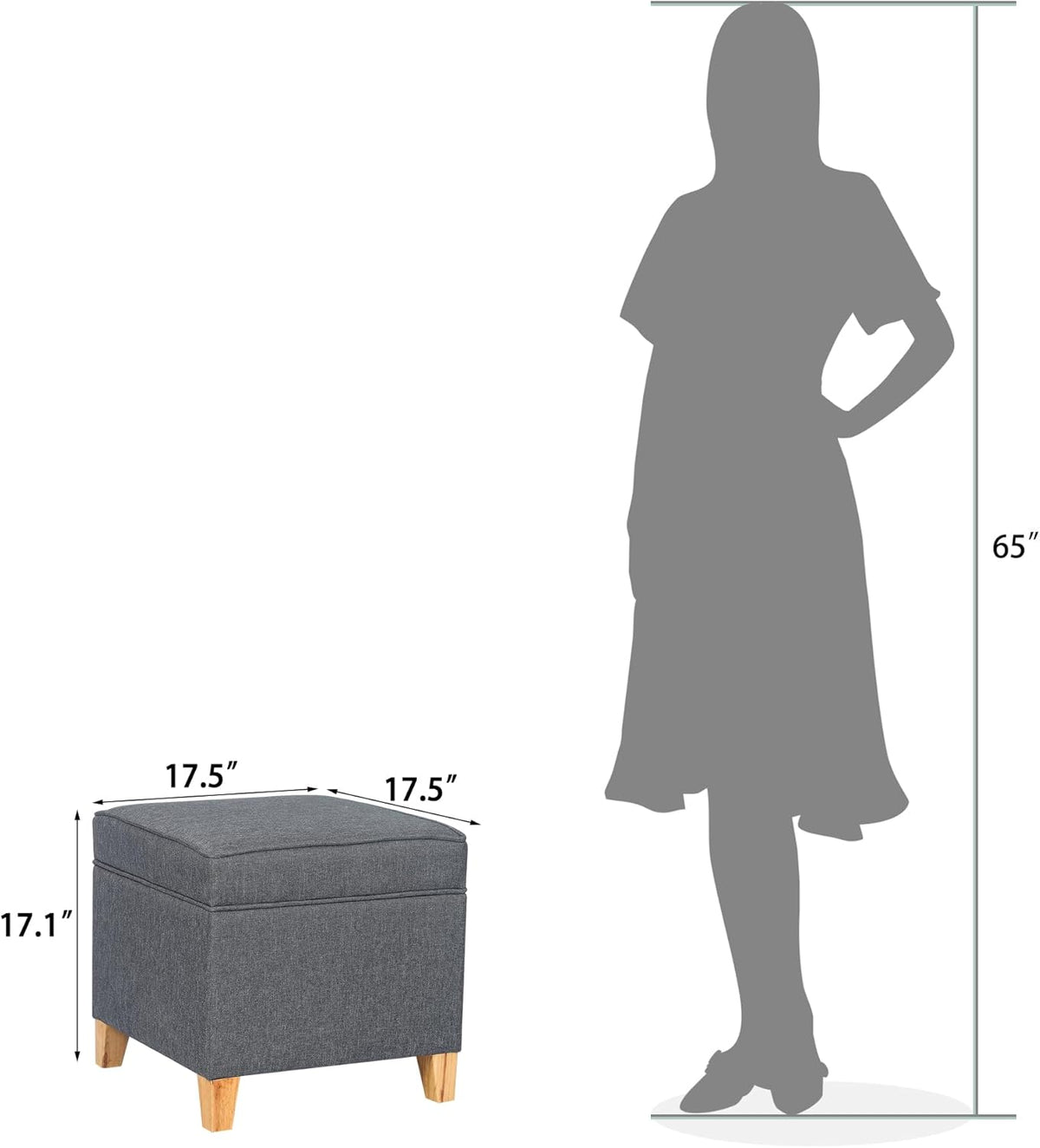 Adeco 17.5" Square Fabric Ottoman with Storage, Upholstered Cotton Linen Foot Rest, Flip Top Footstool, Small Cube Coffee Table Extra Seat for Living Room, Bedroom, Grey with Burlywood Legs