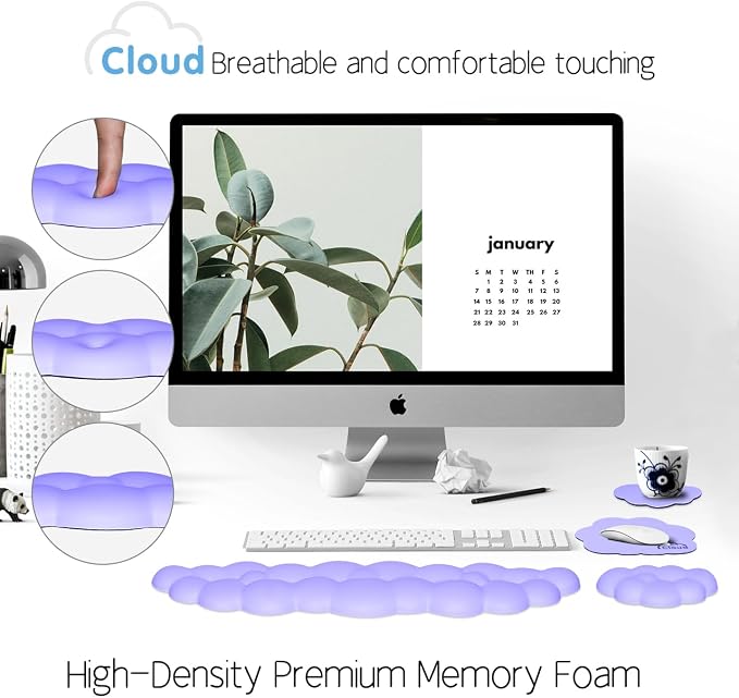 4 in 1 Ergonomic Leather Cloud Wrist Rest Keyboard and Mouse Pad & Coaster | Full 4-Piece Set, Non-Slip PU Base, Soft Memory Foam Comfort For Long Work/Gaming Hours, Cute Desk Decor, Easy To Clean