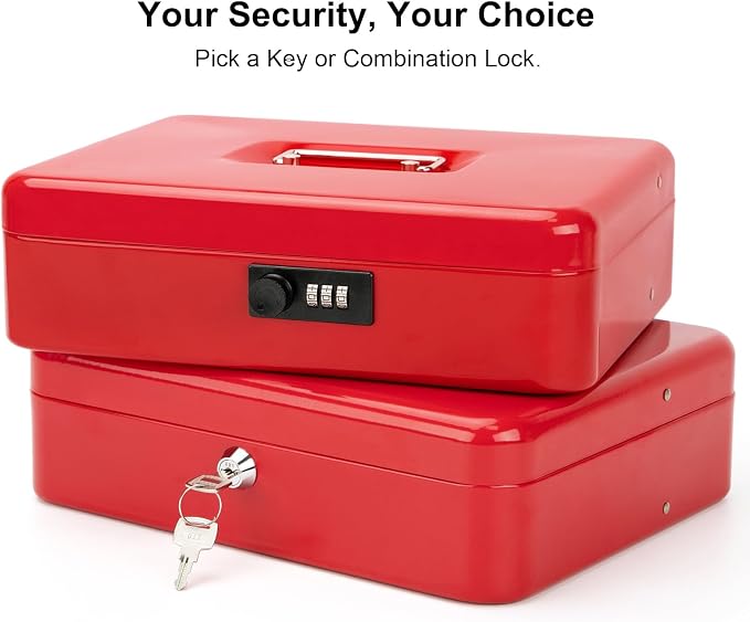 Jssmst Cash Box with Money Tray and Lock -Red Cash Box with Key Lock Safe Money Box Large, Locking Cash Register Drawer Box for Money, 11.8'' x 9.5'' x 3.5'', SM-CB005RED
