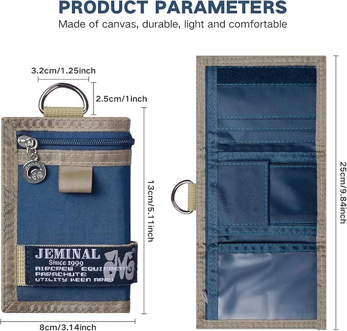 JEMINAL Trifold Canvas Wallet for Men Outdoor Sports Wallet with Keychain, Multiple Card Slots, ID Window, Lightweight Nylon Casual Wallet, Blue