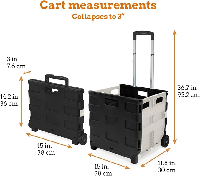 Ultra-Slim Rolling Collapsible Storage Pack-N-Roll Utility-carts, with Telescopic Handle, for Home, Garden, Shopping, Office, School use, Medium, White & Black