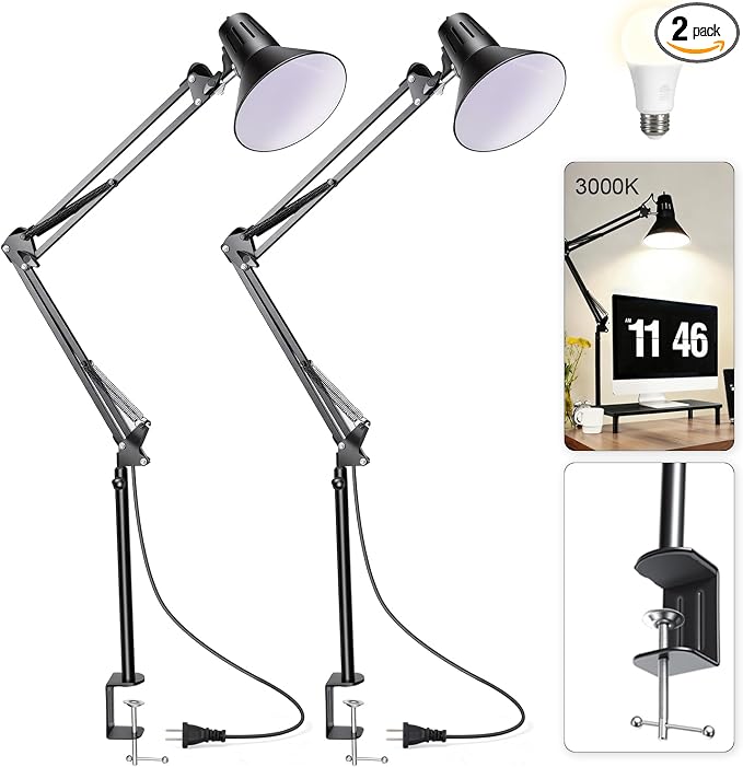 Black Desk Lamp with Clamp, Extra-Tall Adjustable Metal Swing Arm, 2 Pack | Manicurist Table Lamp for Nail Work, Drafting, Sewing, Crafting, College Dorm and Home Office, A19 Bulbs Included