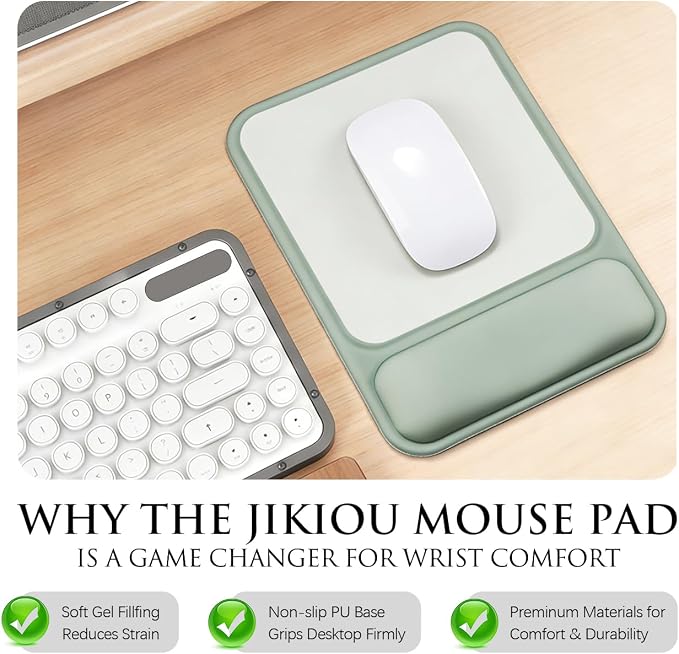 JIKIOU Ergonomic Mouse Pad with Gel Wrist Rest, 10 x 7.25 in, Green | 40% Larger Rectangular Design-No More Hitting Edges Mid-glide, Savior of Pain Relief, Smooth Lycra Surface, Non-Slip PU Base