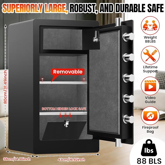 [𝟏𝐇 𝟏𝟕𝟎𝟎°𝐅] Large Fireproof Safe Biometric Safe Box [𝟗.2 𝐂𝐮 𝐅𝐭] | [𝟖𝟖 𝐋𝐛𝐬] Fire Proof Safe for Home Documents with Fingerprint & Keypad, Heavy Duty Safes with Anti-Theft Alarm