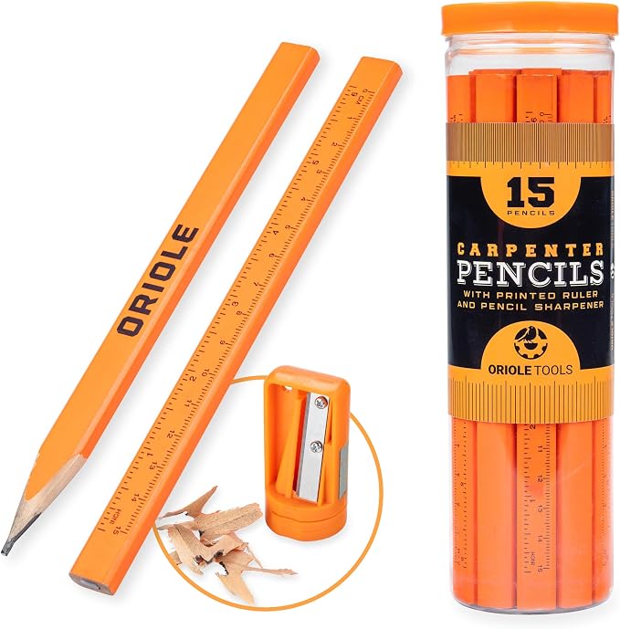 Carpenter Pencils 15 Pack with Sharpener and Storage Container — Flat Construction Pencils for Framing, Woodworking, Concrete, Drywall | For Contractors & DYI