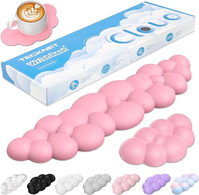TECKNET Cloud Keyboard Wrist Rest Set, Cloud Wrist Rest with Non-Slip Base, PU Leather Wrist Pad for Keyboard with Ergonomic Memory Foam for Computer Laptop Office Gaming and Pain Relief, Dark Pink