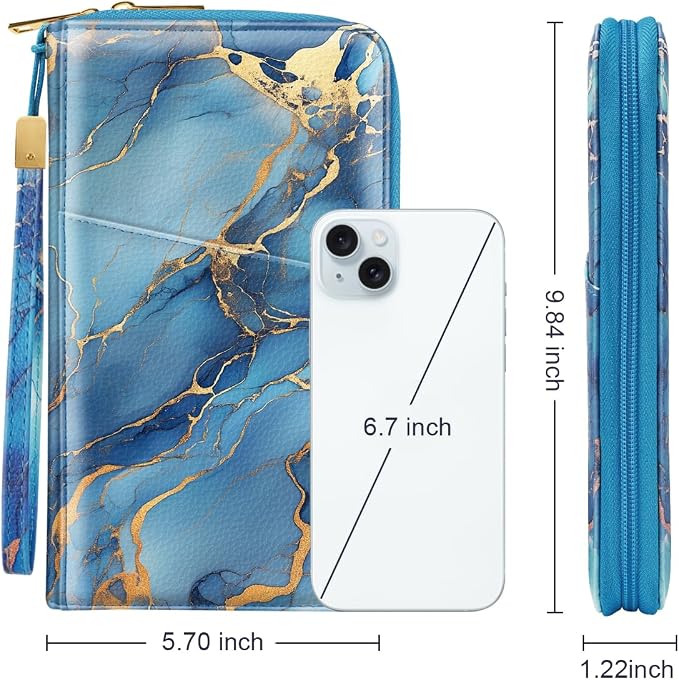 Family Passport Holder Wallet RFID Blocking Document Organizer | PU Leather Mulit-purpose Travel Wallet Credit Cards Case for Women Men, Blue Marble