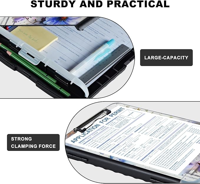 Clipboard with Storage,Storage Clipboard with Pen Holder,Heavy Duty Plastic Storage Clipboard with Low Profile Clip,Teacher Must Haves,Clipboard Folder,Office Supplies,Blue Cat and Flowers