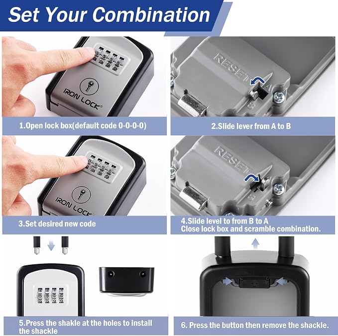 Iron Lock® Small Portable Key Lock Box with Code, U-Shackle (Small, Grey) | U-shackle opens fully out to loop over a handle, gate, latch or rail; rolling combination dials, no app, no battery