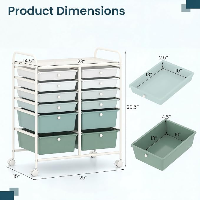 COSTWAY 12-Drawer Rolling Storage Cart, Moveable Art Craft Organizer | Lockable Wheels, Metal Shelf, Files Arrangement Tools Makeup Storage Cart for Office, Home, School (Green Gradient)