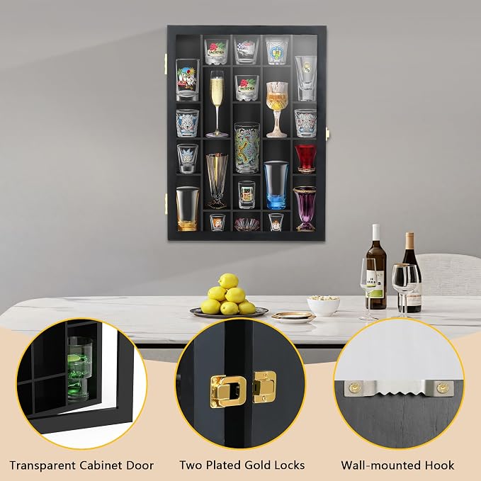 Invech Black Shot Glass Display Case Wall Mounted, Irregular Shot Glass Holder Storage for Home and Bar Decor