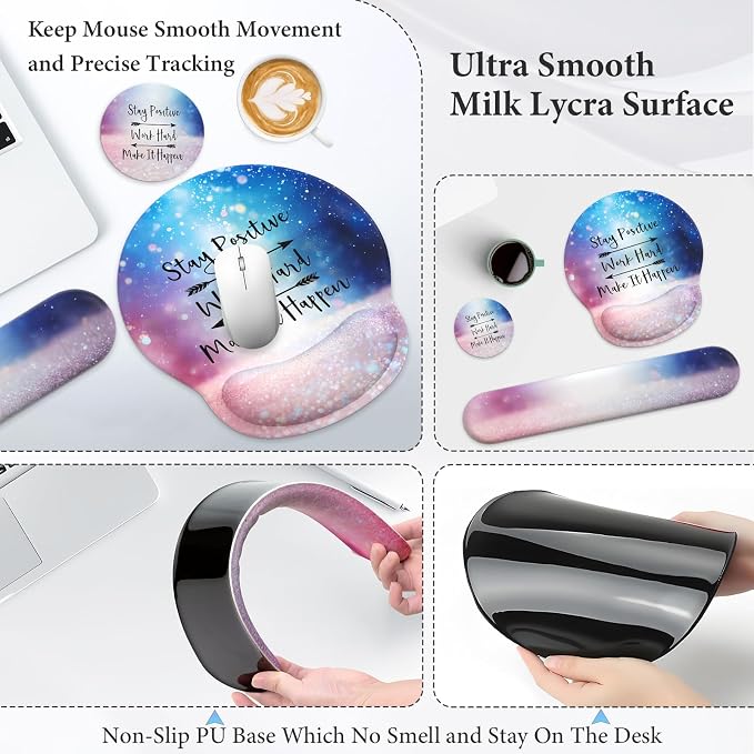 3 in 1 Ergonomic Mouse Pad and Keyboard Wrist Rest with Coaster Set-Glitter | Cute Large Mousepad with Gel Wrist Support for Gaming Computer Laptop Women Office Home Desk Decor