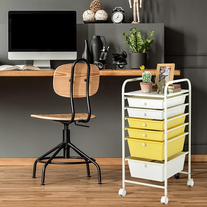 COSTWAY 6-Drawer Rolling Storage Cart, Art Craft Tools Organizer on Wheels | Multifunctional Heavy Duty Utility Mobile Storage Trolley w/ 2 Lockable Wheels for Home Office School (Yellow, Beige & Grey)