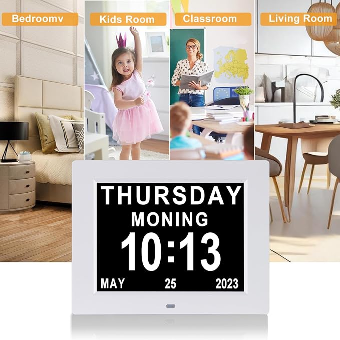 Johnziny 8 Inch Digital Clock Large Display Dementia Clocks with Day and Date for Seniors,8 Alarms Options Digital Clock,Digital Calendar with Large Number and Custom Alarms White