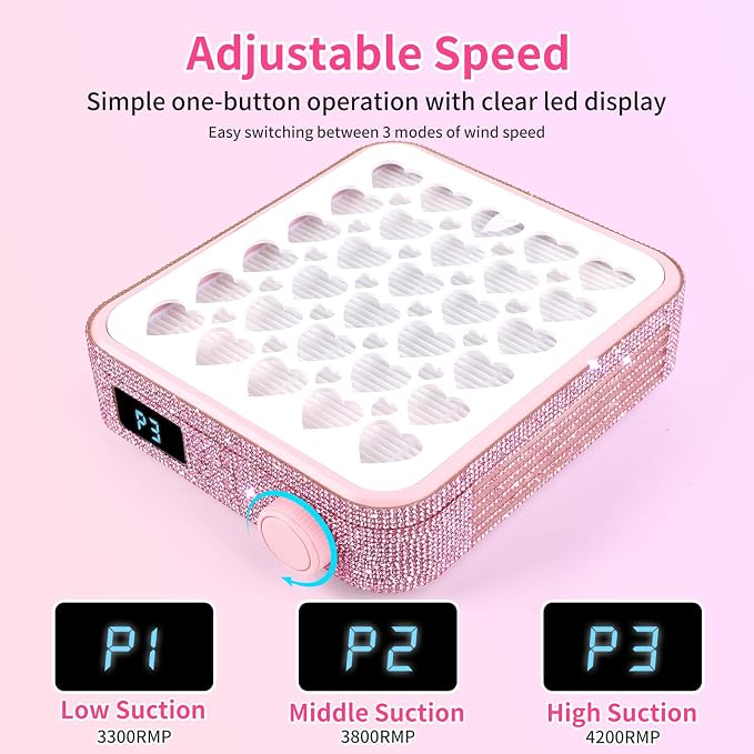 BQAN Portable Nail Dust Collector with 4200RPM Fan Pink Rhinestones | 10pcs Filter Papers Include & Nail Brush | Strong Suction | Adjustable Speed | For Acrylic & Gel | Professional & Home Use