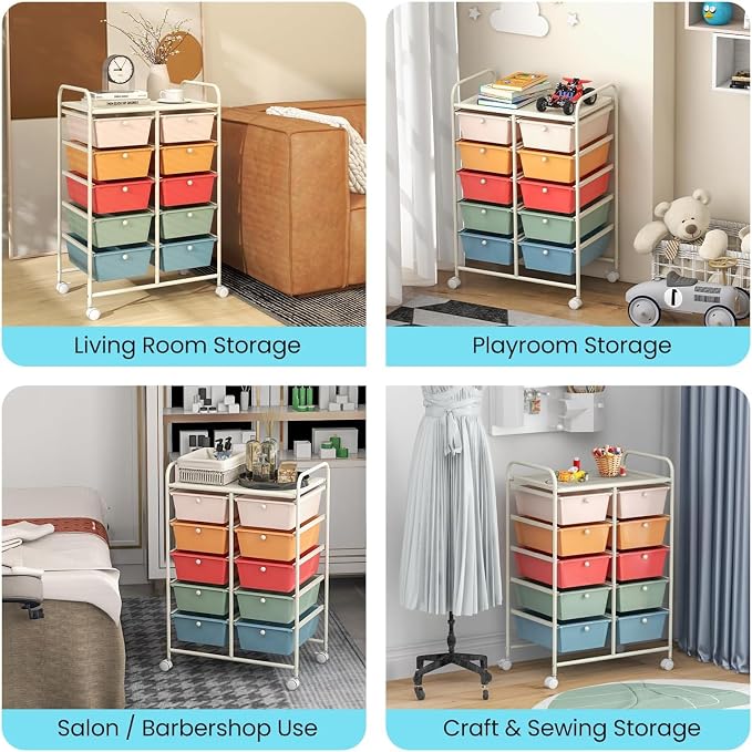 10 Drawer Rolling Cart, Storage Cart Organizer on Wheels, Drawer Cart with Metal Frame & Large Storage Capacity, Rolling Cart with Drawers for Living Room Classroom, Office