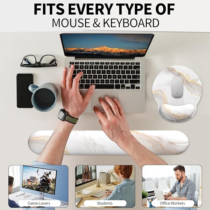 Mouse Pad Wrist Support, Ergonomic Memory Foam Keyboard Wrist Pad & Gel Wrist Rest Set for Computer Keyboard for Easy Typing & Pain Relief for Office & Home