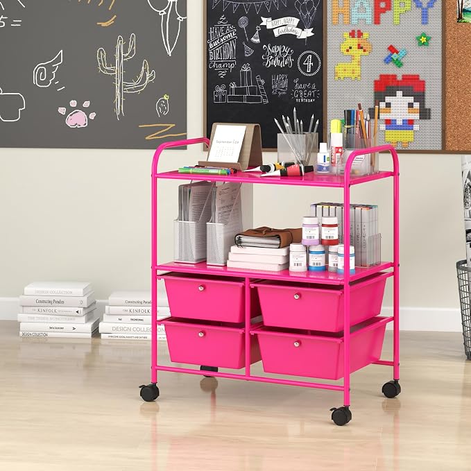 Giantex Rolling Storage Cart w/ 4 Drawers 2 Shelves Metal Rack Shelf Home Office School Beauty Salon Utility Organizer Cart with Wheels, Hot Pink