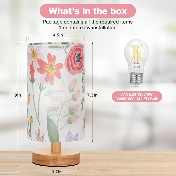 Small Table Lamps (Floral White Shade, 9" Inline Control) | 3000K LED Blub Included | 680 Lumens | Easy Assembly | Minimalist Design | E26 | for Kitchen | for Kids Room