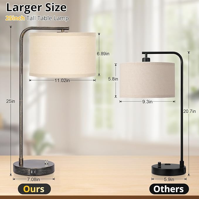 25" Tall Bedside Table Lamp with USB C+A Ports, Fully Dimmable Desk Lamp | Industrial Minimalist Nightstand Lamp, Vintage Reading Light for Bedroom Living Room Office, 3000K LED Bulb Included