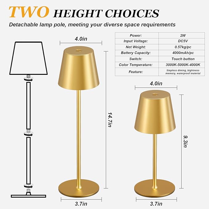 Cordless Table Lamp Rechargeable Gold - KK 2 Pack 5000mAH Battery Operated Lamp for Dining Table, 3 Color Stepless Dimming Wireless Lamp for Counter, Outdoor Patio, Touch Control, Water Repellent