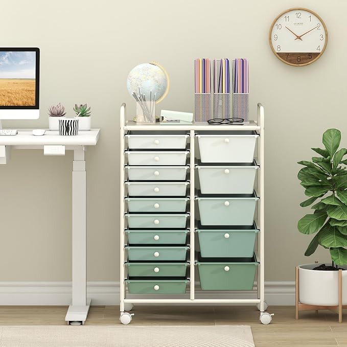 15 Drawer Rolling Storage Cart, Rolling Cart with Drawers for Classroom, Art Supply Craft Organizer on Wheel with Metal Frame & Handles for Home Office School (Gradient Green, 15 Drawer)