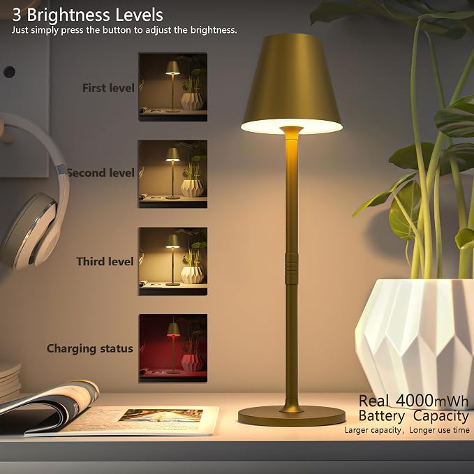 Timjorman 1-Pack Cordless Table Lamps - 5000mAh Rechargeable Battery Operated Desk Lamp, 3-Level Dimmable LED Night Light for Bedroom, Dining, Restaurant - Metal Design (Bronze 1-Pack)