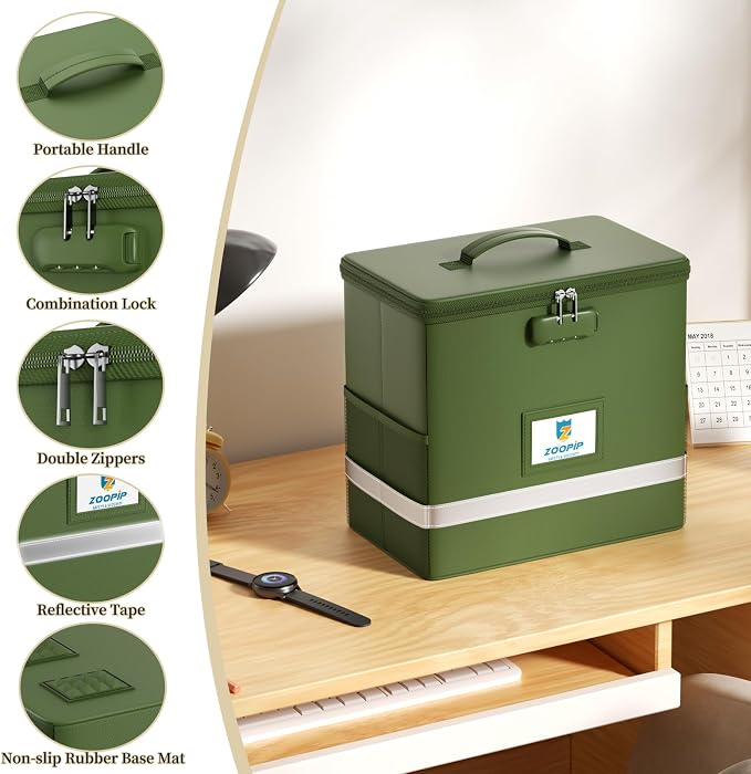 Fireproof File Box with Lock, Collapsible Document Organizer, Green | Suitable for Hanging Folders in Letter Size, Reflective Strip for Fast Find, Home Office Safe Protection,12.2"x6"x10.2"