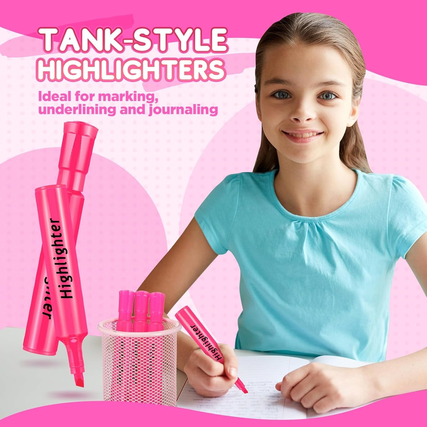 Qilery 30 Pack Highlighters Bulk, Tank Style Chisel Tip Highlighters Markers Quick Drying for Kids and Adult Coloring, Classroom Home Office School Supplies (Pink)