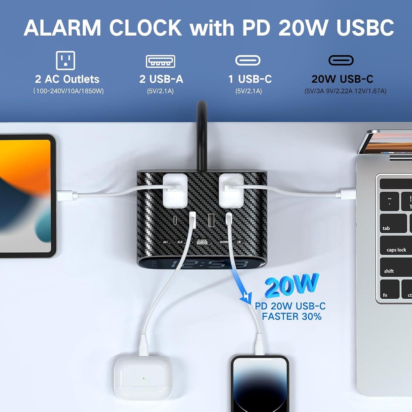 XBA Digital Alarm Clock with 20W USB C Ports, Dual Alarm Clock Power Strip with 2 AC Outlets, 4 USB Charging Ports, Dimmable Snooze Desk Clock with 6FT Cords for Bedrooms,Travel, Black